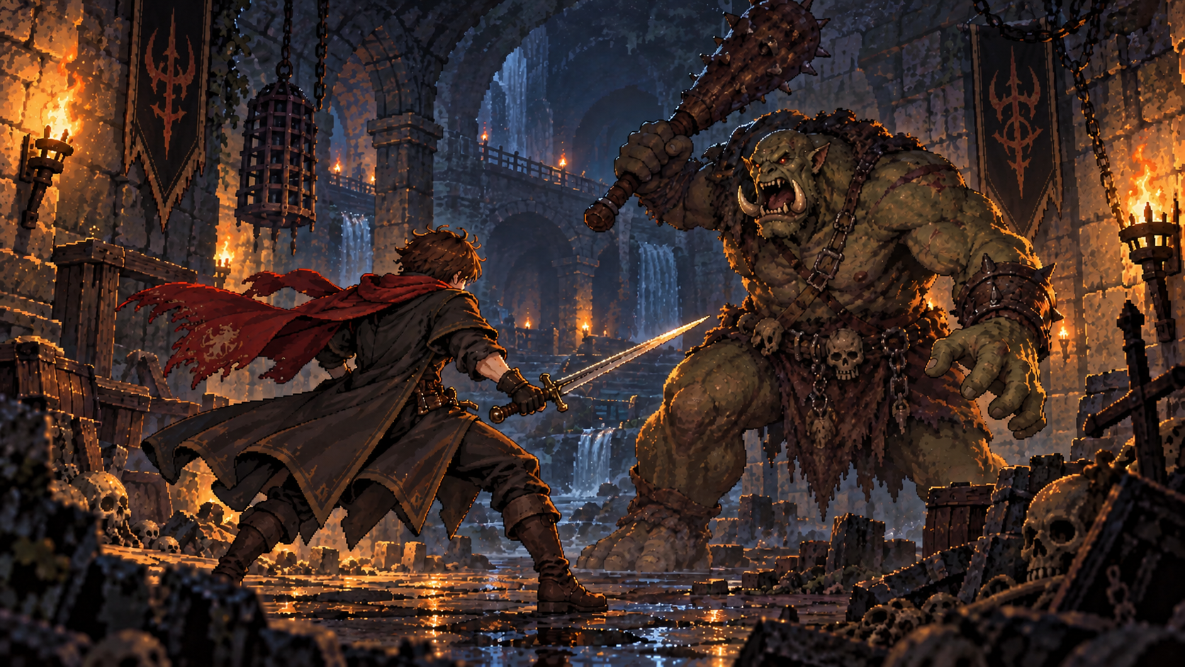 Two fighters clash swords in a moonlit cobbled square.