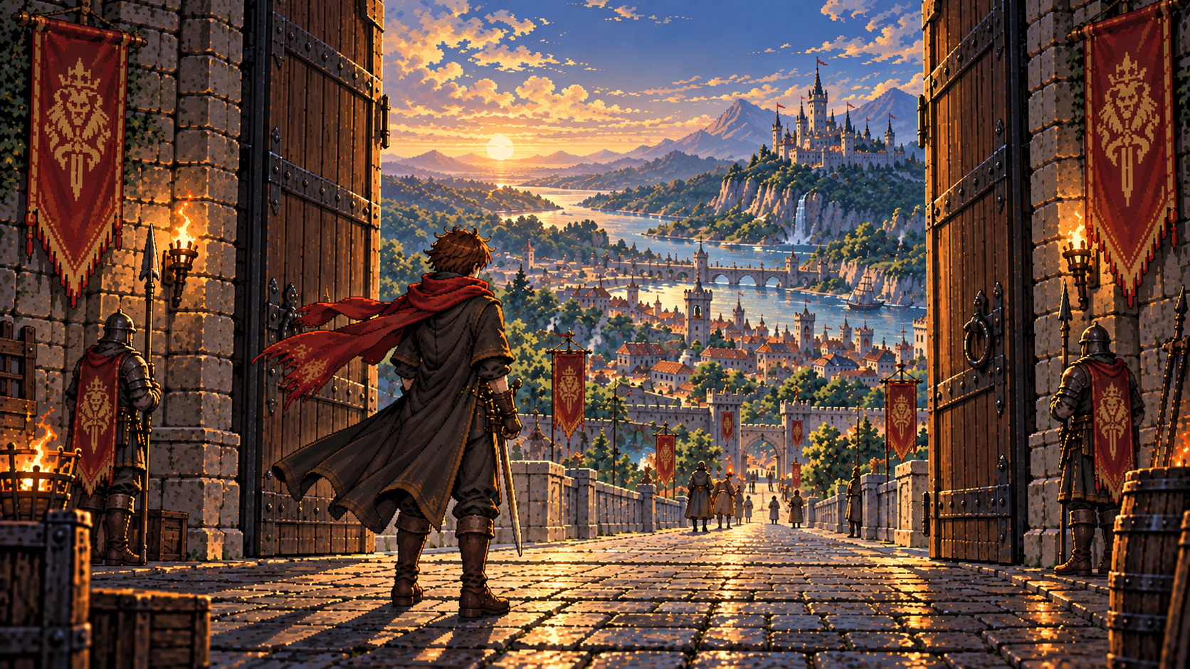 A traveler walks through open city gates toward moonlit roofs.