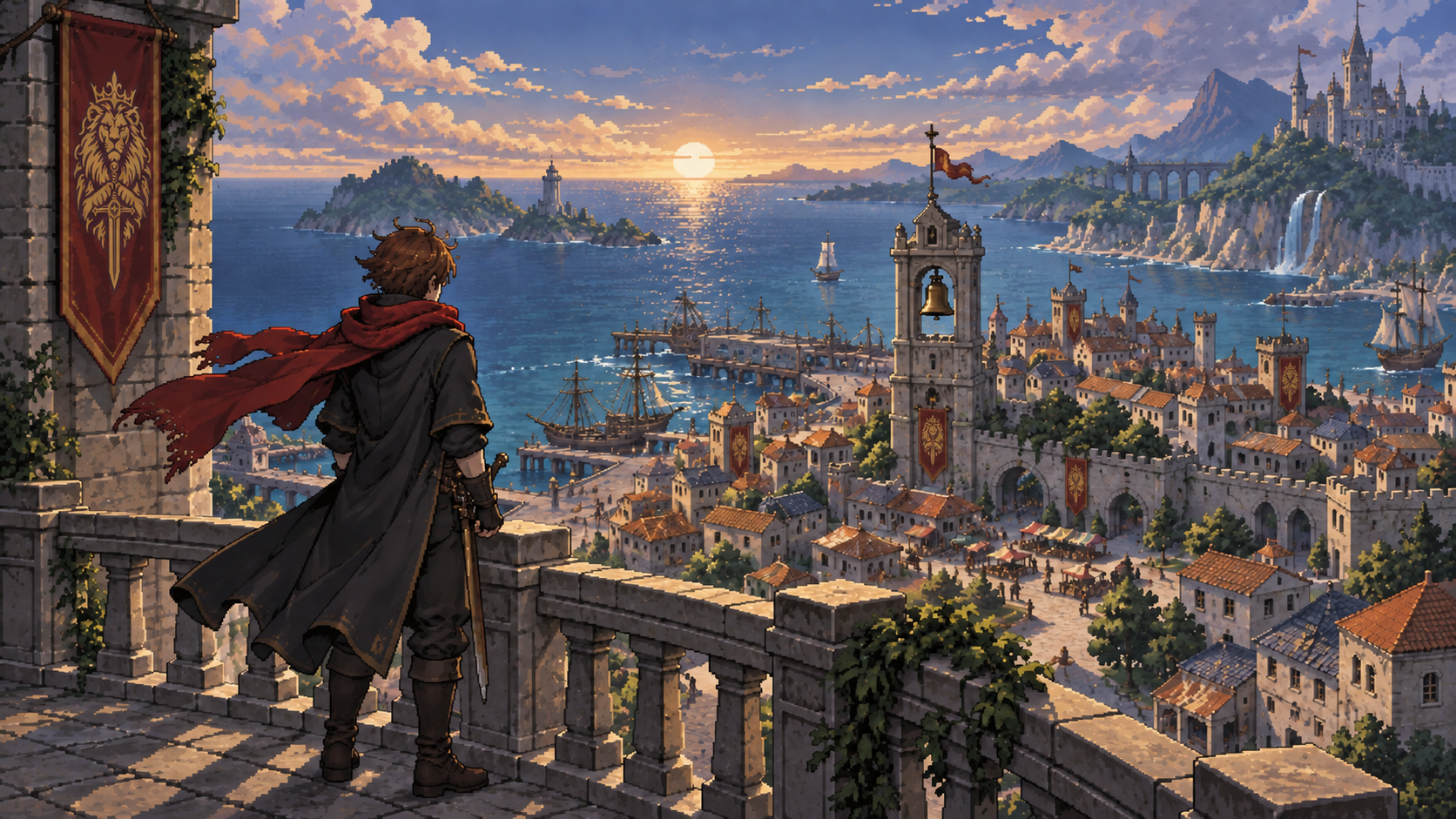 A traveler in a red scarf looks over a lantern-lit city at night.