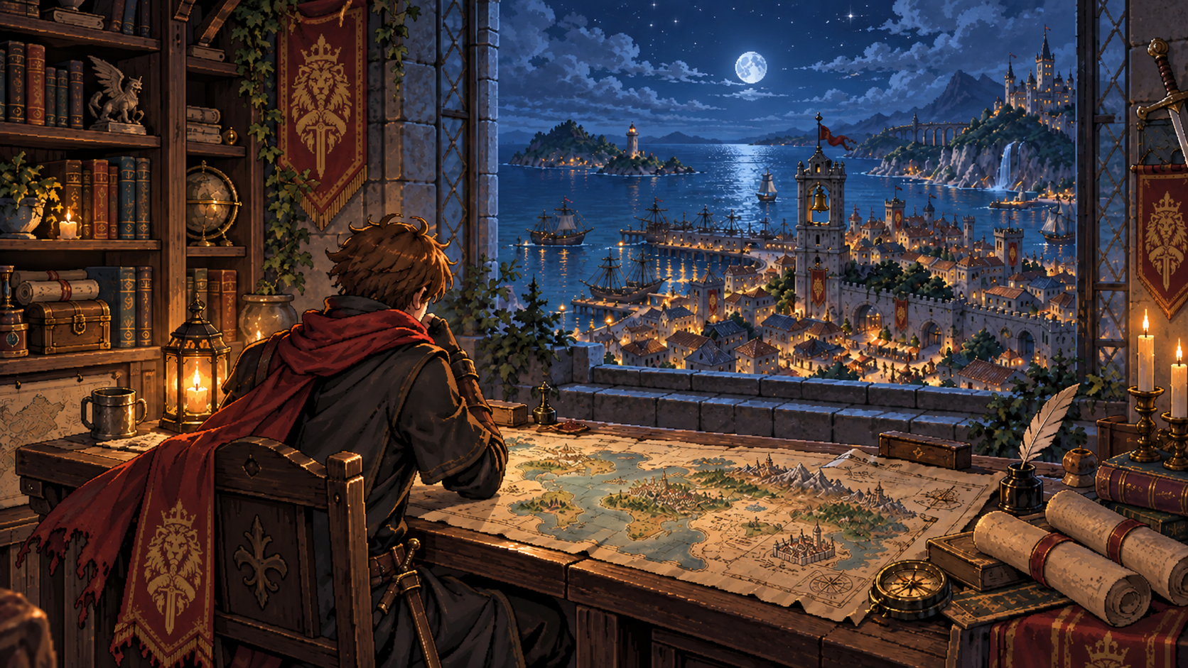 A mapmaker stands over a hand-drawn world map in a lantern-lit loft.