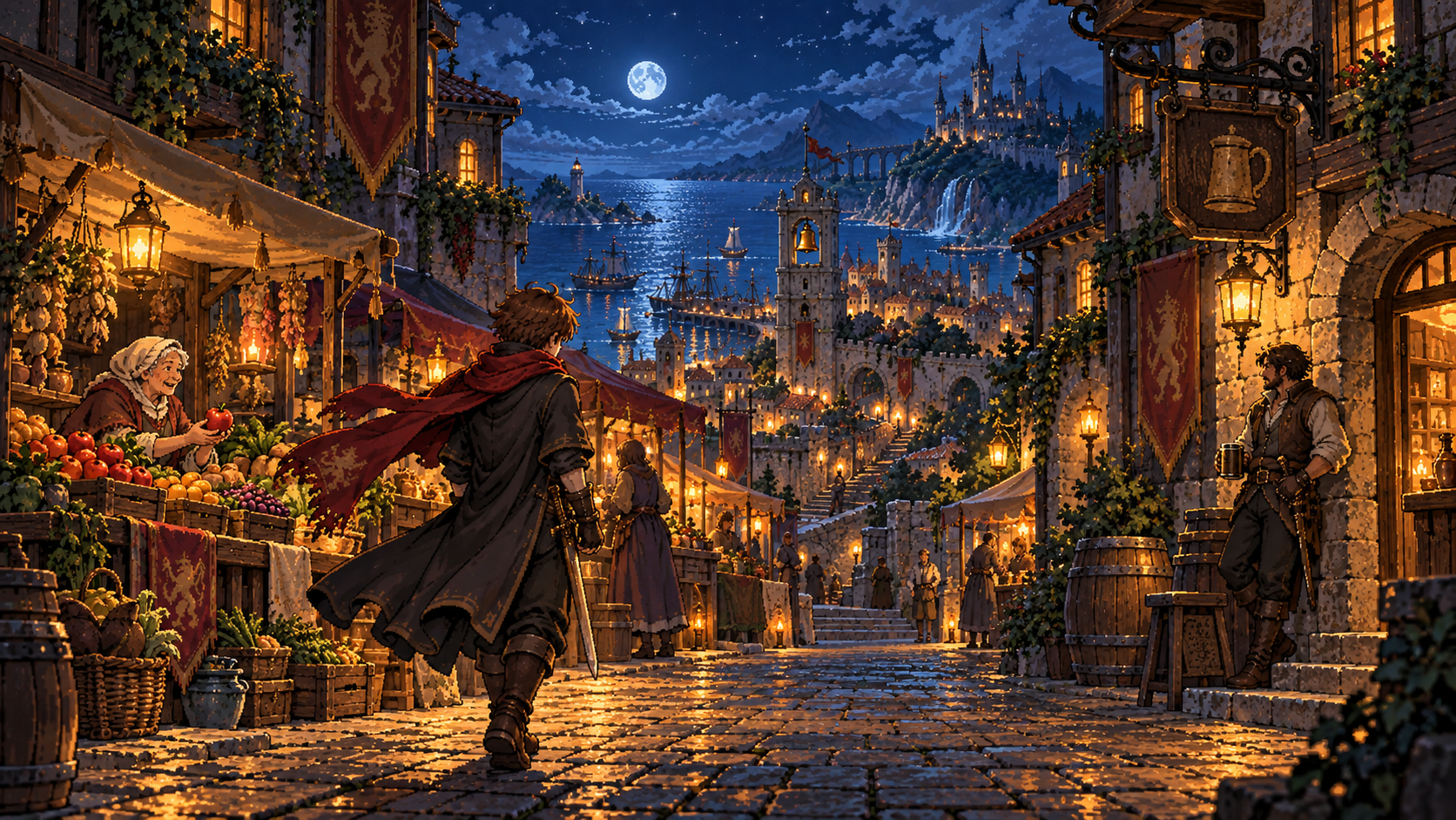 A night market street lined with timber houses and hanging lanterns.